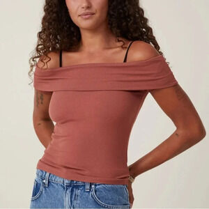 Cotton On Staple Rib Off The Shoulder Sleeve Blouse Top Dark Sepia Pink S NWT